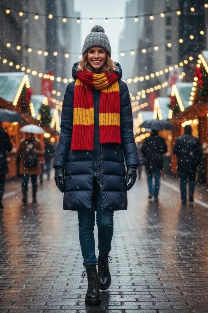 Long Puffer Coat with Knit Beanie