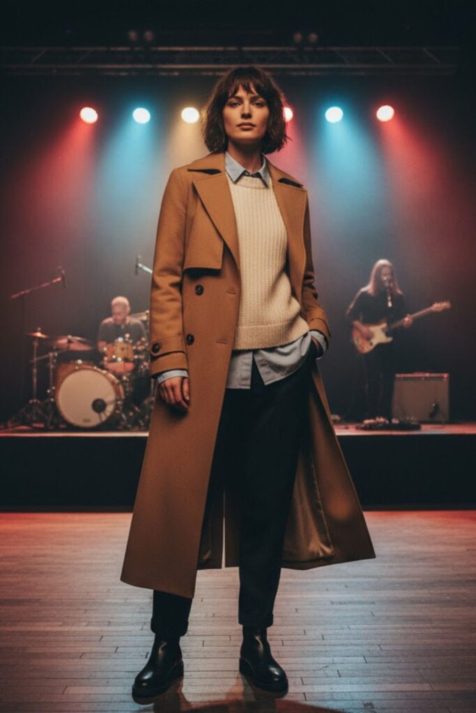 Long Trench Coat and Layered Knitwear