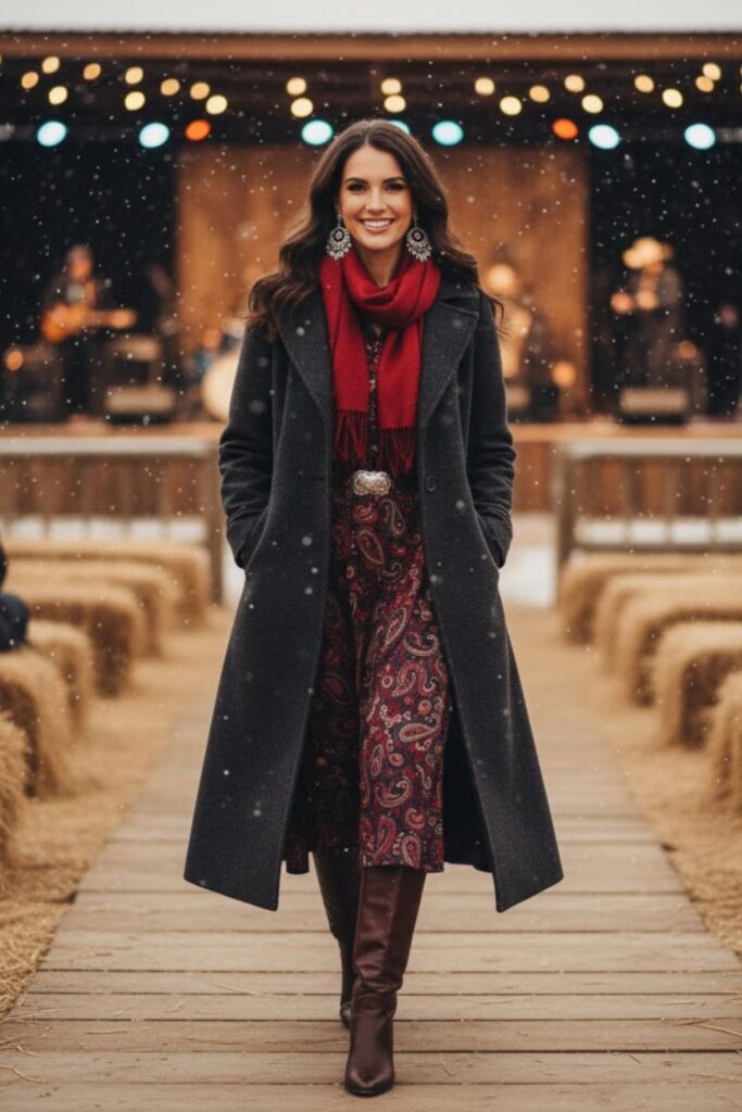 Long Wool Coat Over Western Dress
