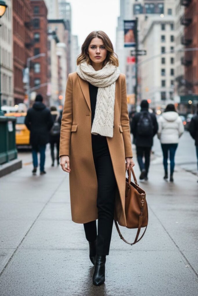 Long Wool Coat with Chunky Scarf