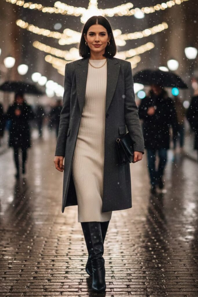 Longline Blazer with Knit Dress and Knee-High Boots