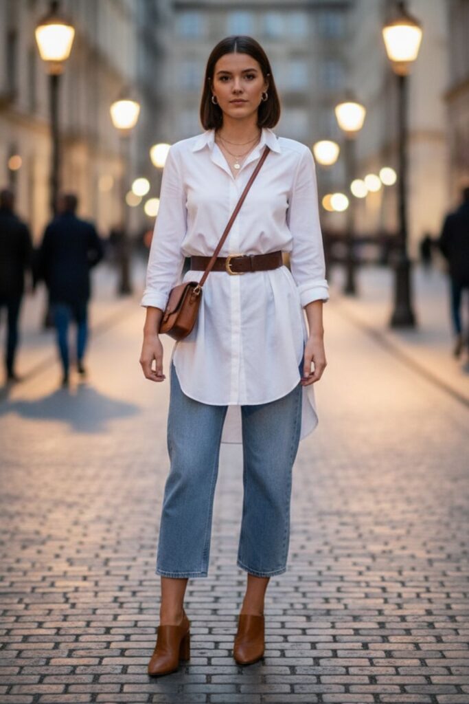 Longline White Shirt with Cropped Wide-Leg Jeans