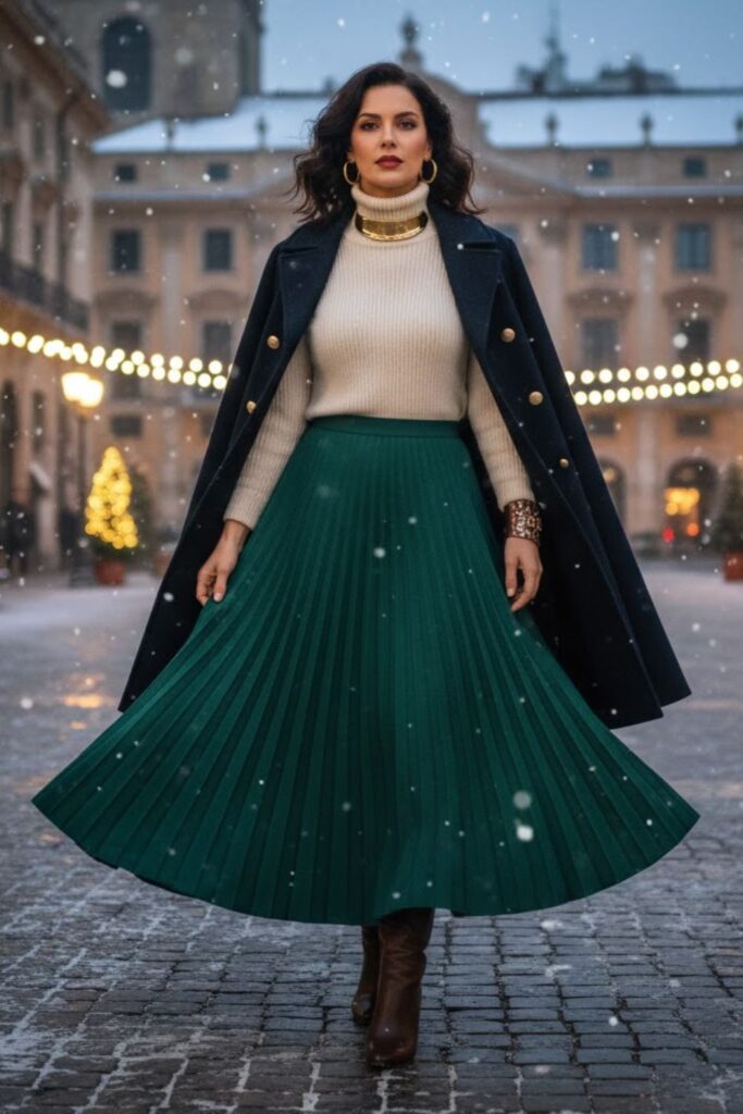 Maxi Skirt with Turtleneck and Cape Coat