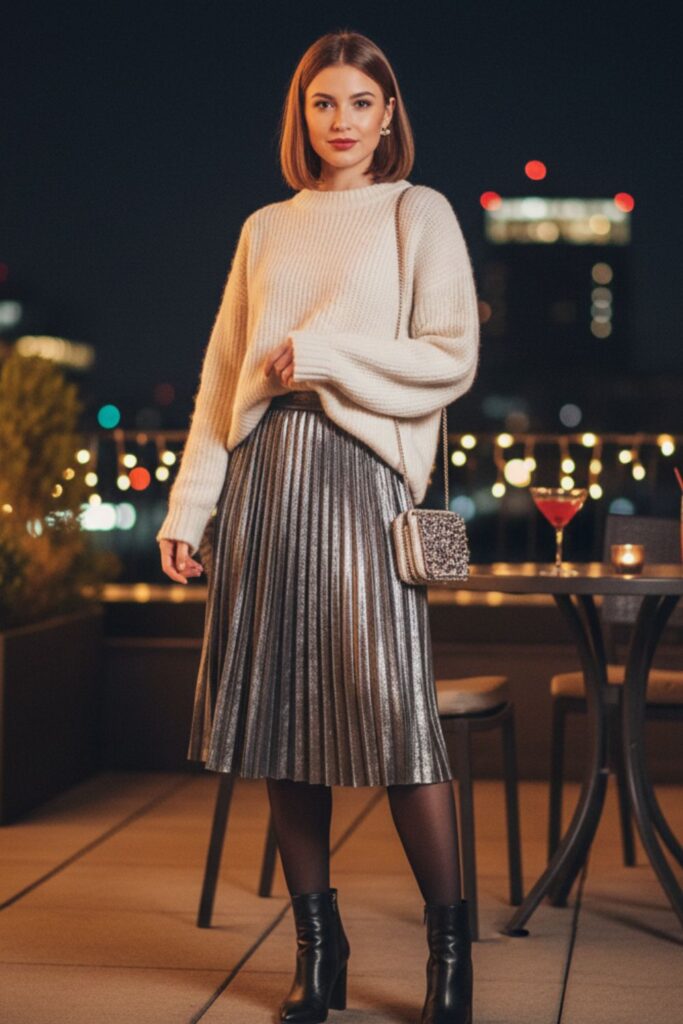 Metallic Skirt with Chunky Sweater