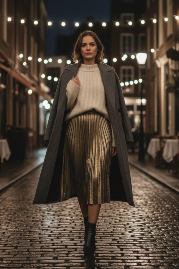  Metallic Skirt with Chunky Sweater and Boots