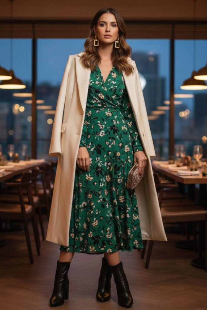Midi Dress with Longline Coat and Ankle Boots