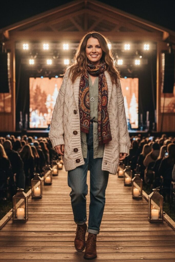 Oversized Cardigan with Flowy Shirt and Trousers