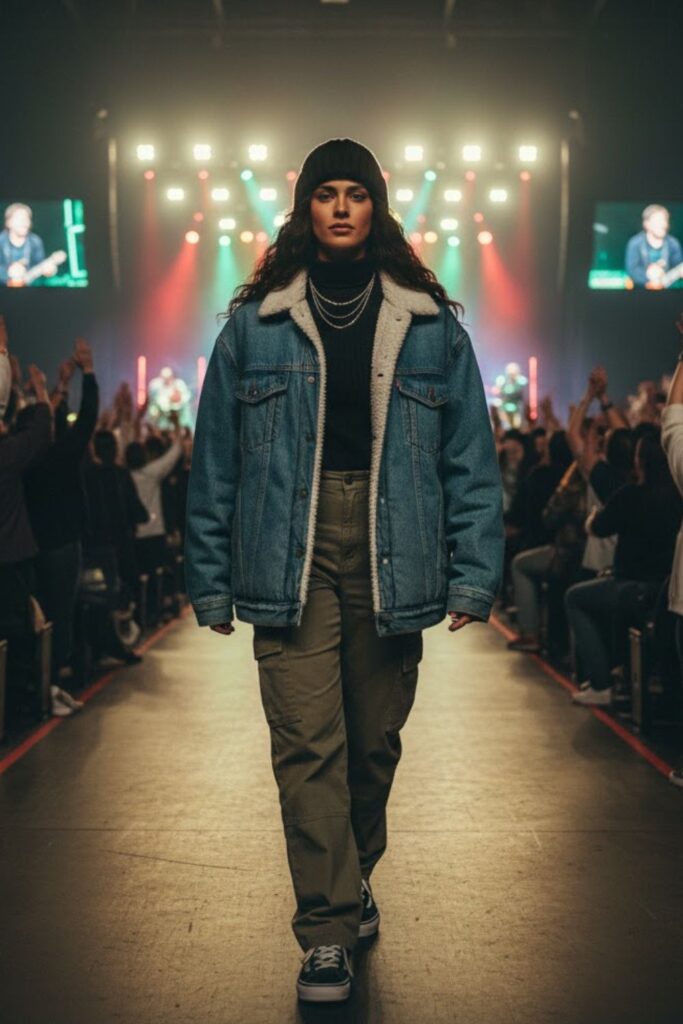 Oversized Fleece-Lined Denim Jacket + Turtleneck + Cargo Pants + Sneakers