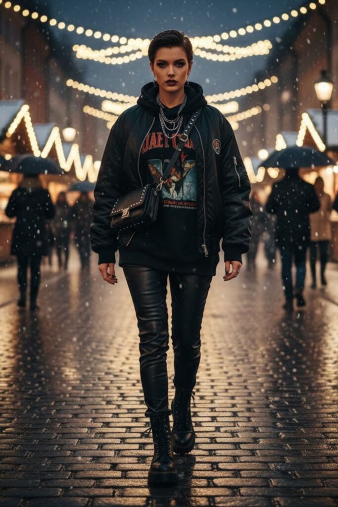 Oversized Hoodie with Leather Pants and Chunky Boots