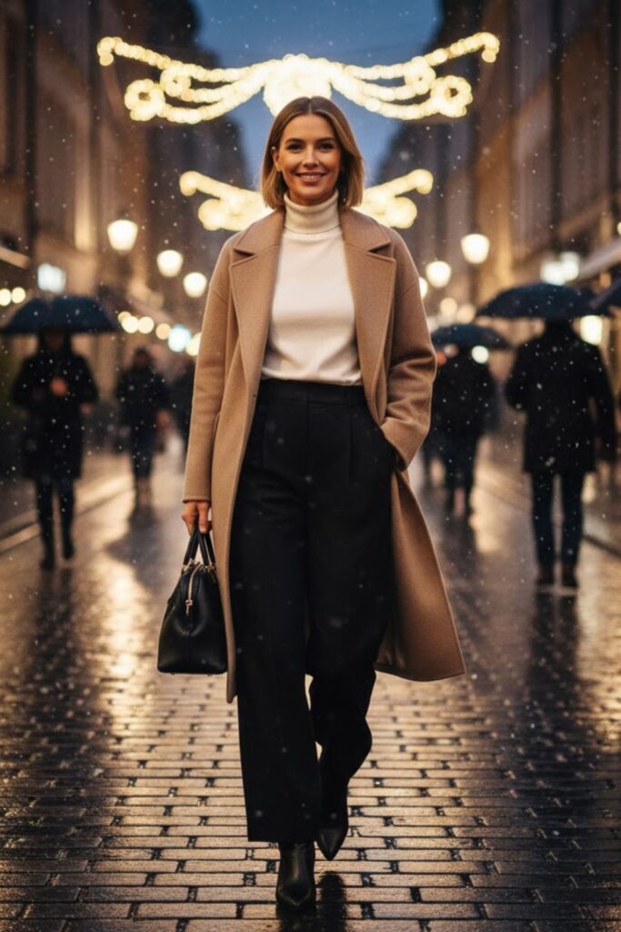  Oversized Wool Coat with Turtleneck and Wide-Leg Pants