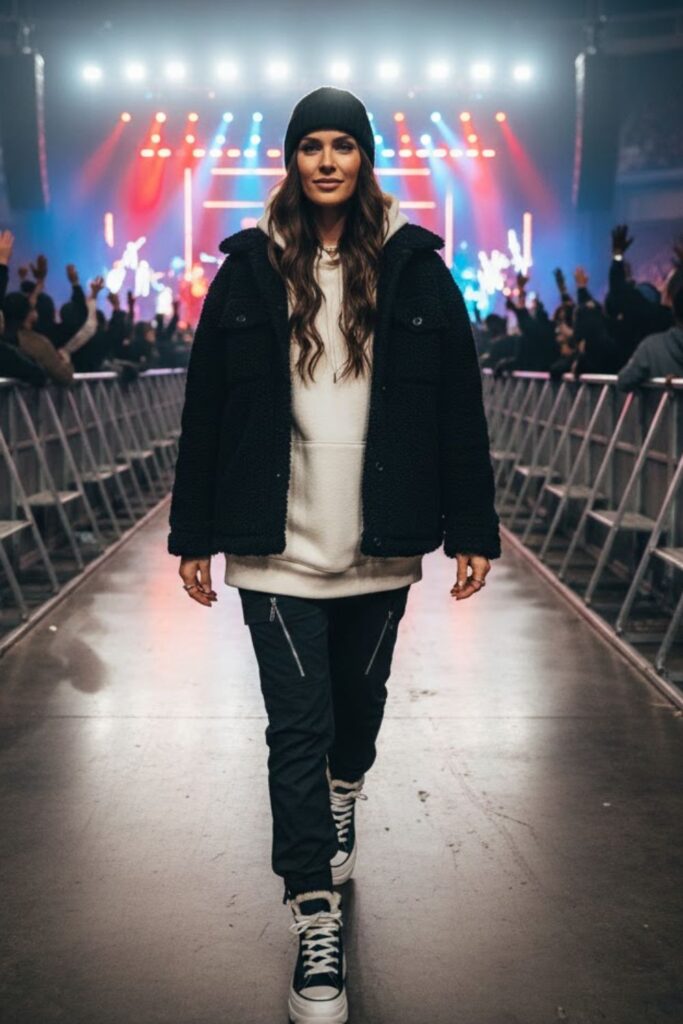Oversized hoodie + sherpa jacket + joggers + fleece-lined sneakers