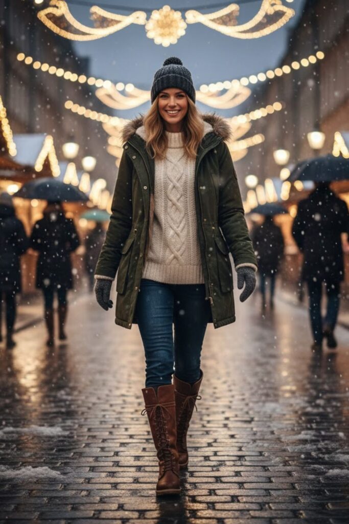 Parka Jacket with Layered Knits and Beanie