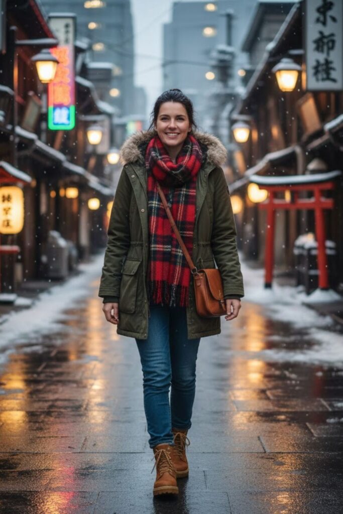 Parka with Plaid Scarf and Jeans