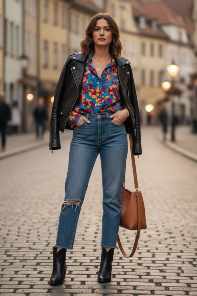 Patterned Big Shirt with Distressed Jeans