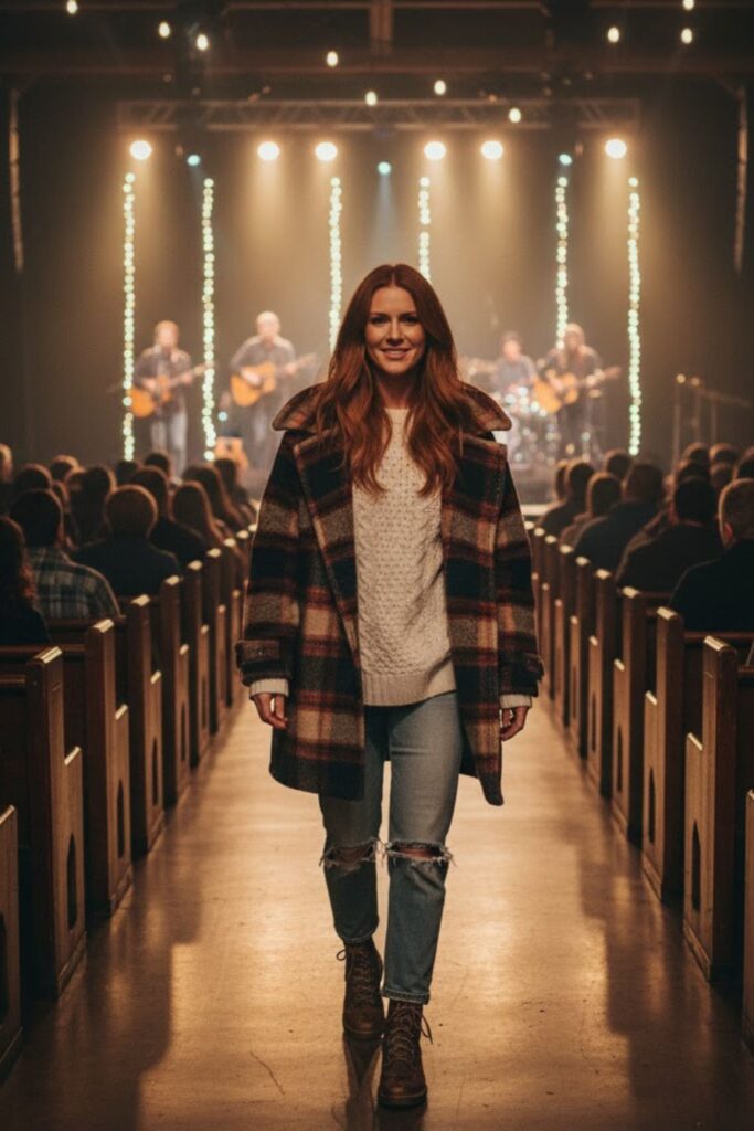 Plaid Coat + Fisherman Sweater + Distressed Jeans + Rugged Leather Boots