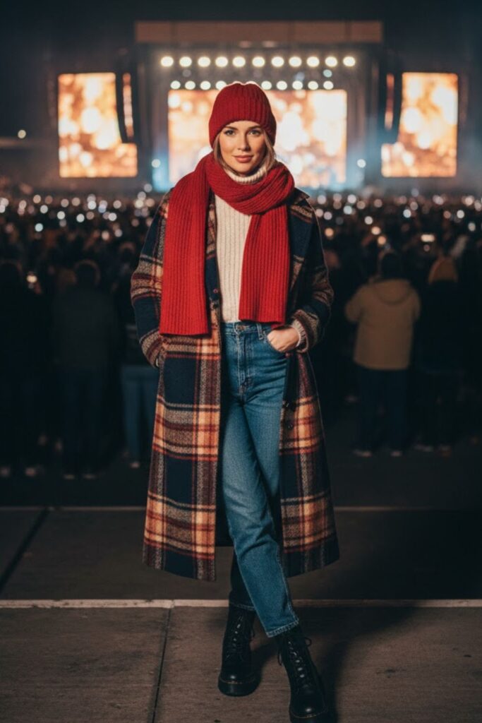 Plaid Coat with Denim and Boots