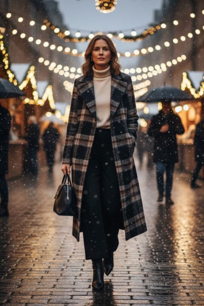 Plaid Coat with Wide-Leg Pants