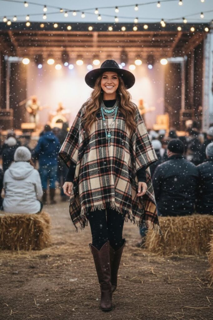 Plaid Poncho with Black Leggings