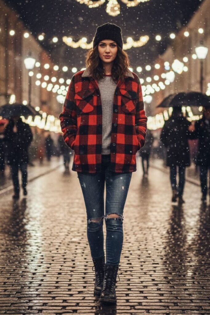  Plaid Shacket with Jeans and Combat Boots