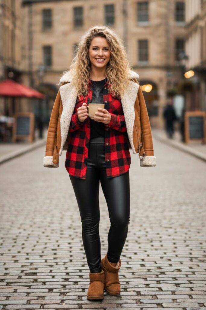 Plaid Shirt with Faux Leather Leggings and Uggs