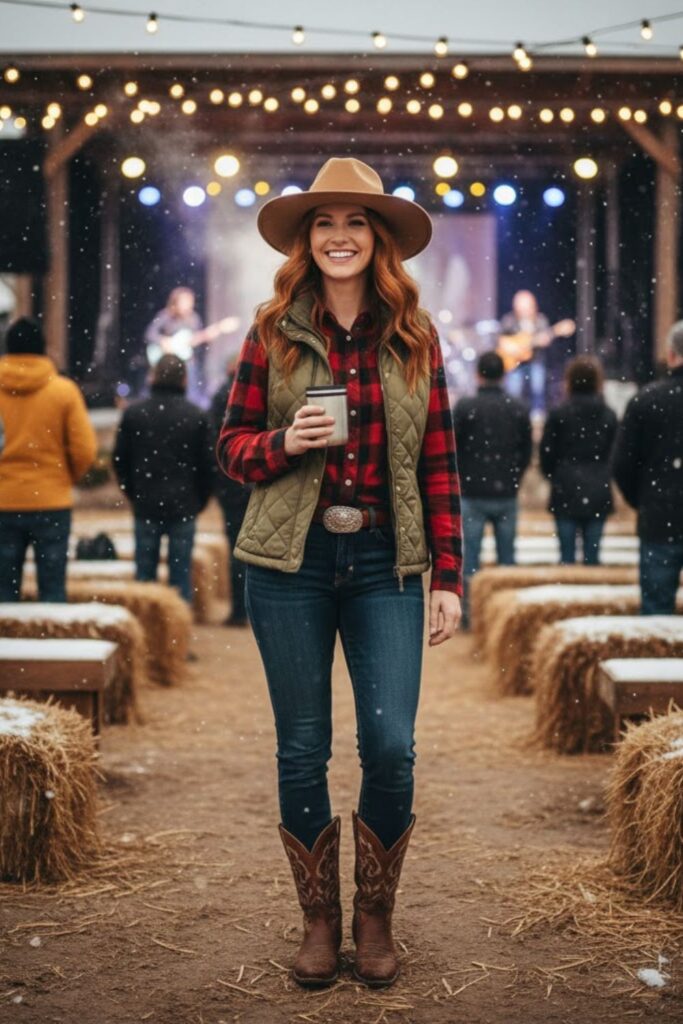 Plaid Shirt with Skinny Jeans and Cowboy Boots
