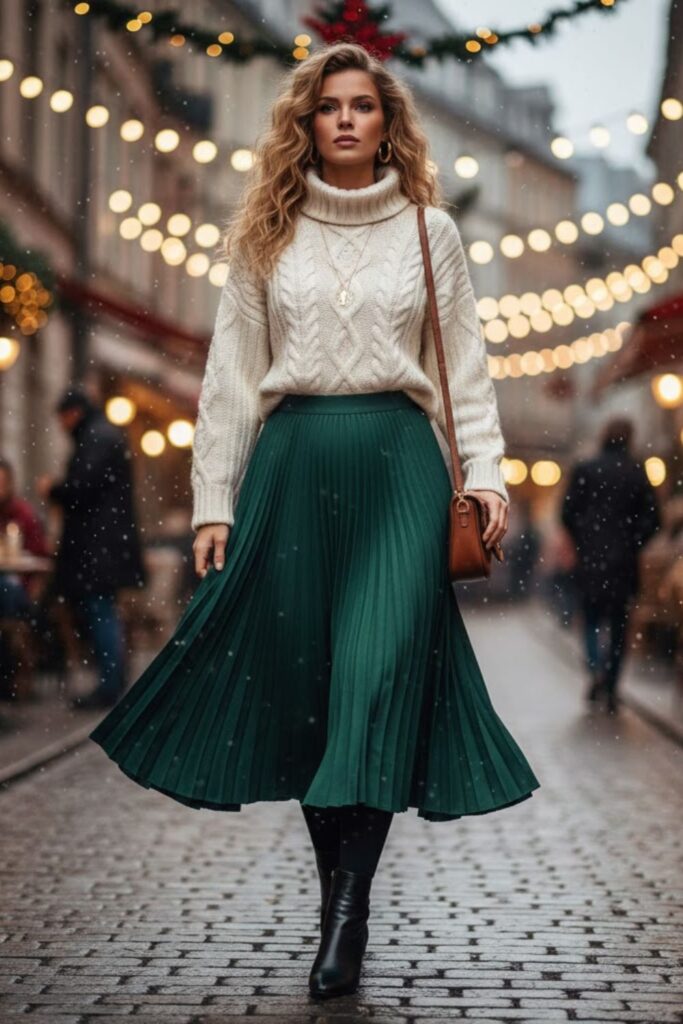 Pleated Midi Skirt with Chunky Knit Sweater