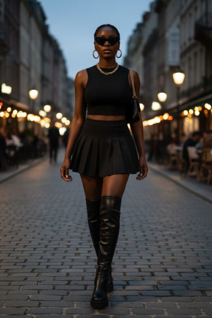 Pleated Skirt with Crop Top and Knee-High Boots