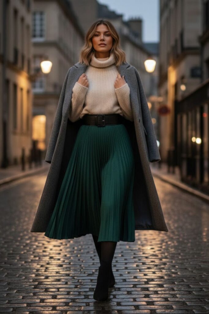  Pleated Skirt with Fitted Sweater and Belt