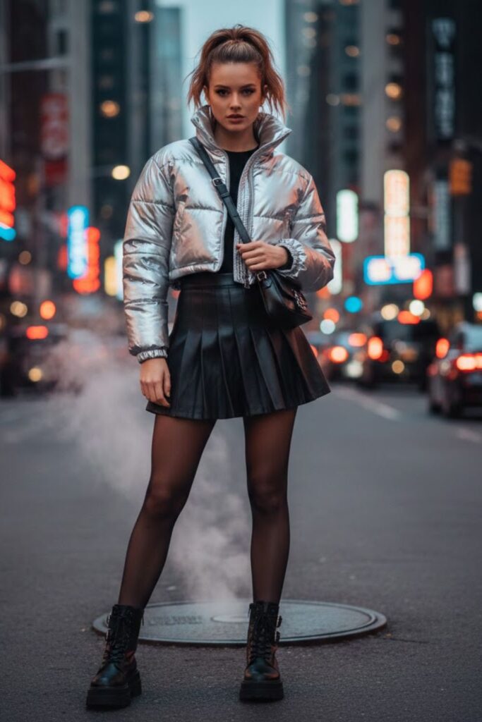 Pleather Skirt with Puffer Jacket