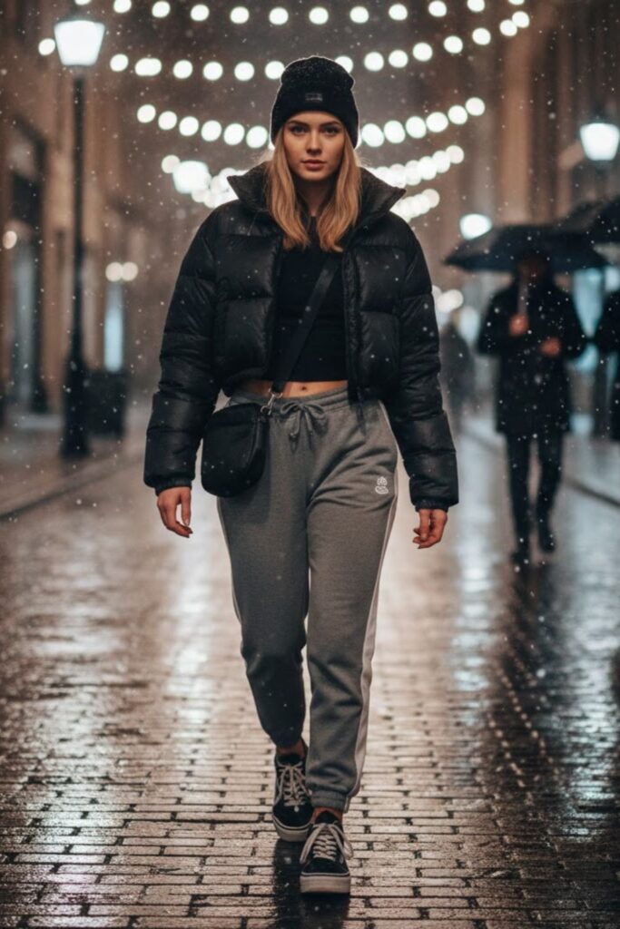 Puffer Jacket with Joggers and Platform Sneakers