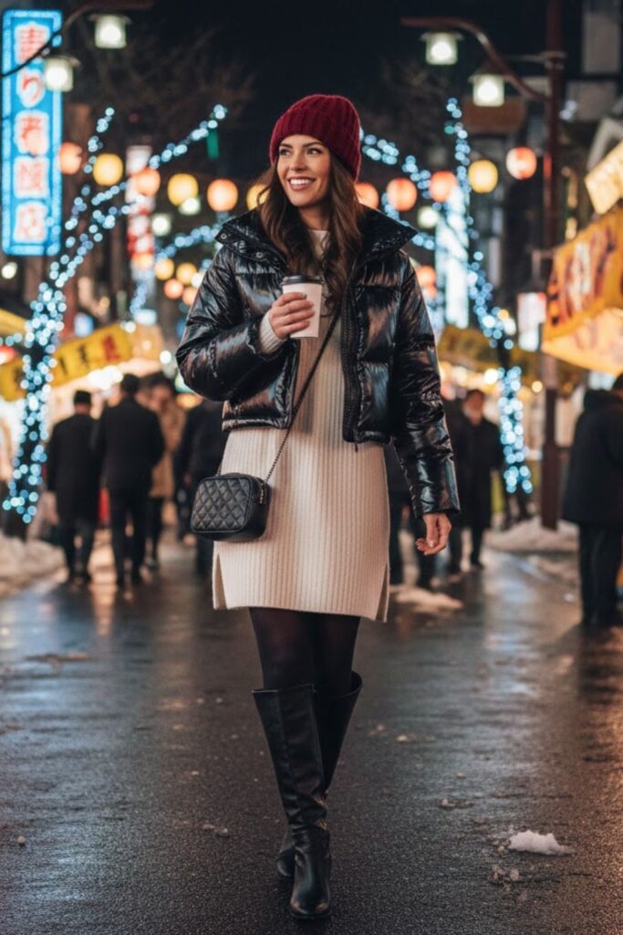 Puffer Jacket with Sweater Dress and Tights