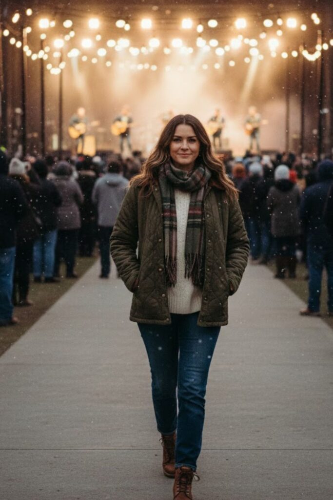 Quilted Barn Jacket + Plaid Scarf + Wool Sweater + Straight Jeans + Leather Boots