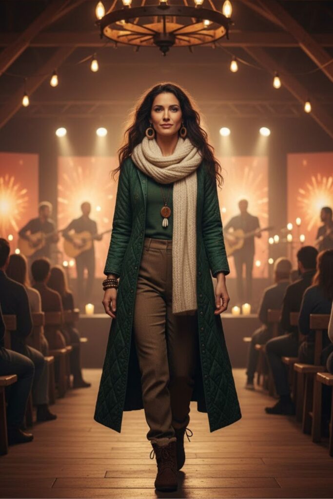 Quilted Coat + Wool Trousers + Soft Scarf + Moc-Style Shoes