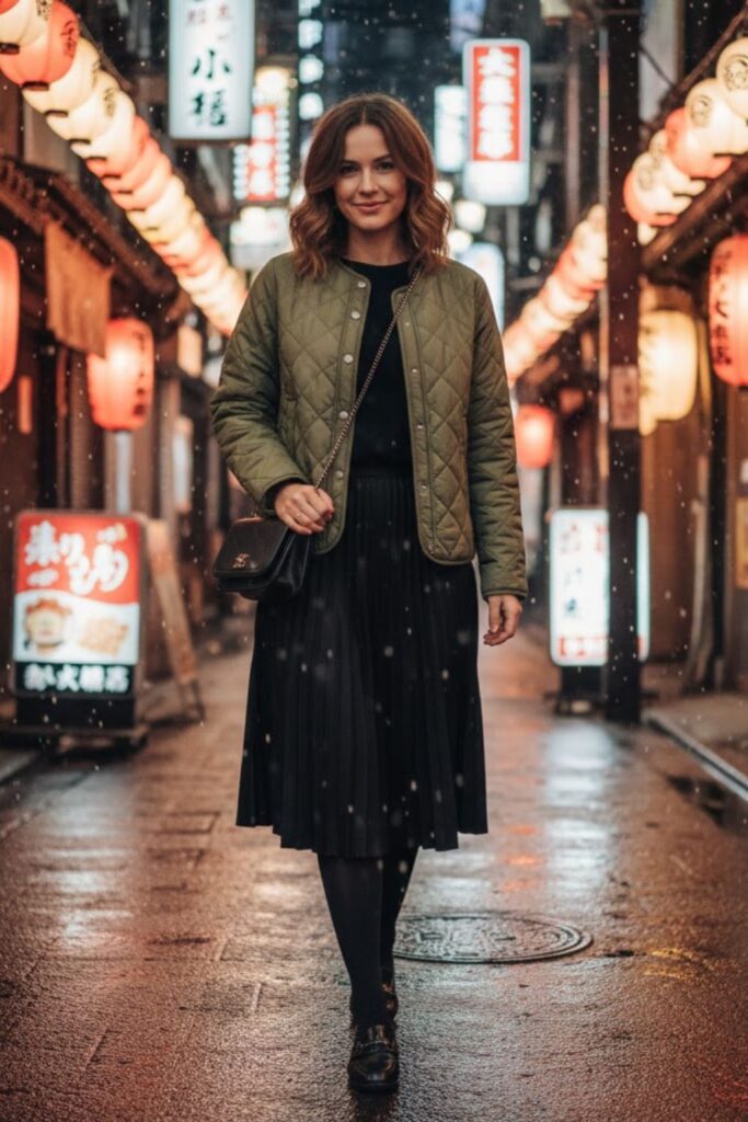 Quilted Jacket with Pleated Skirt and Tights