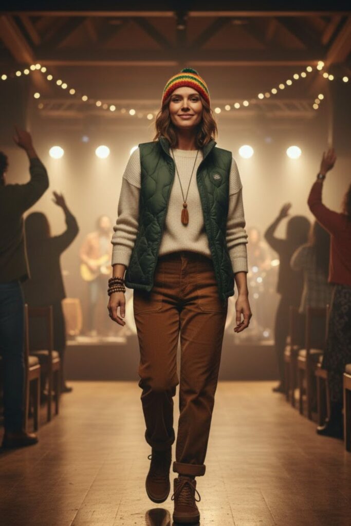 Quilted Puffer Vest + Thermal Top + Corduroy Pants + Warm Sneakers