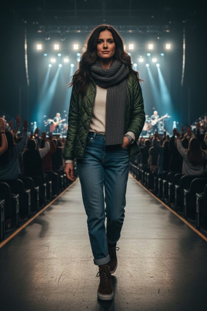 Quilted jacket + thermal shirt + relaxed fit jeans + winter boots