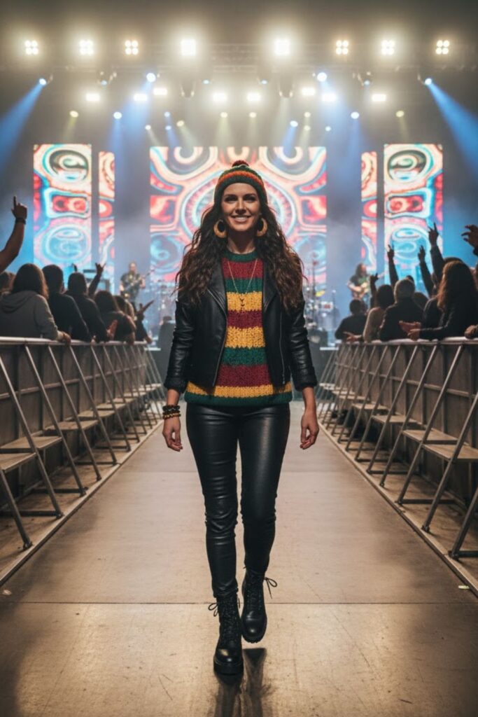 Rasta-Accent Knit Sweater + Faux Leather Pants + Rugged Boots