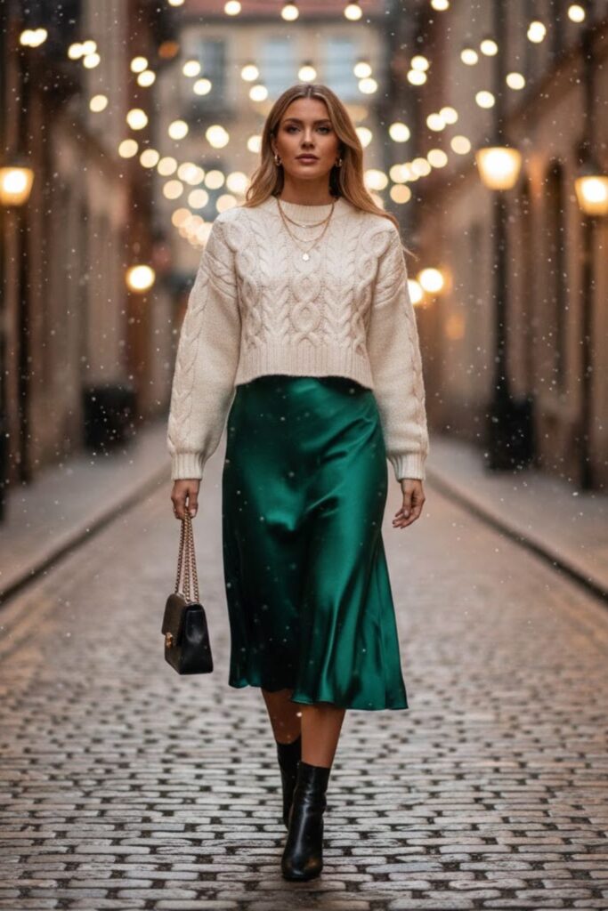 Satin Midi Skirt with Cropped Knit Sweater