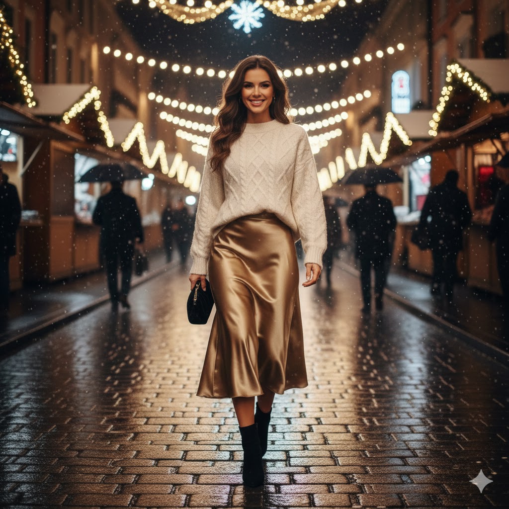 Satin Skirt and Chunky Knit Sweater