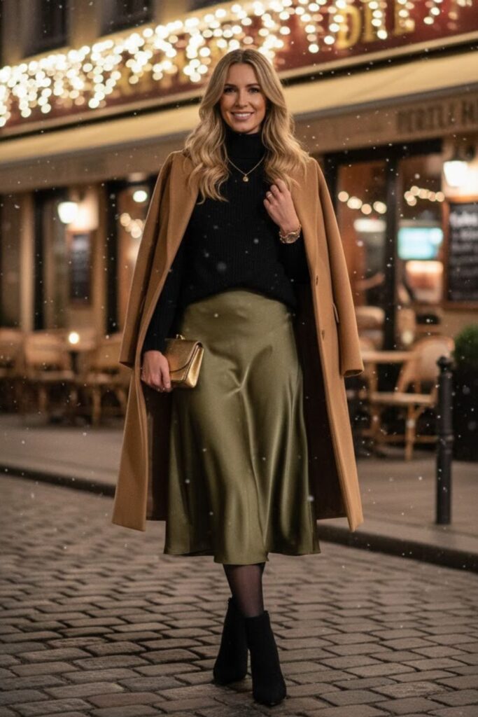 Satin Skirt with Turtleneck and Heeled Boots
