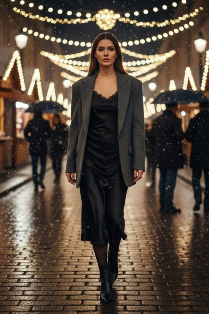 Satin Slip Dress with Oversized Blazer