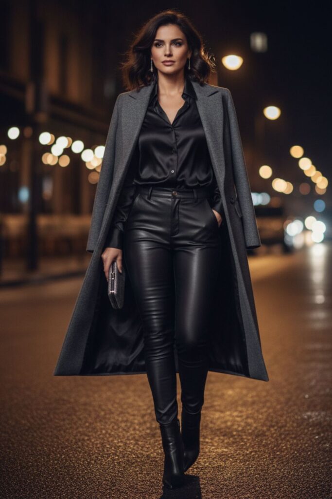 Satin Top with Leather Pants
