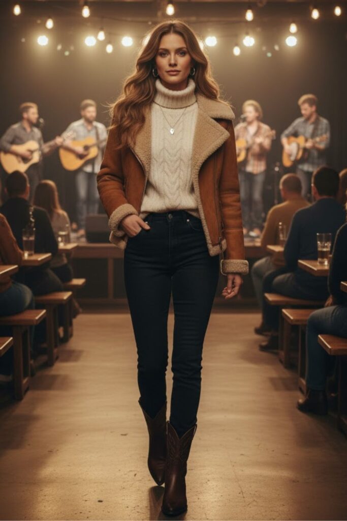 Shearling Jacket + Cable-Knit Sweater + Black Denim + Western Boots