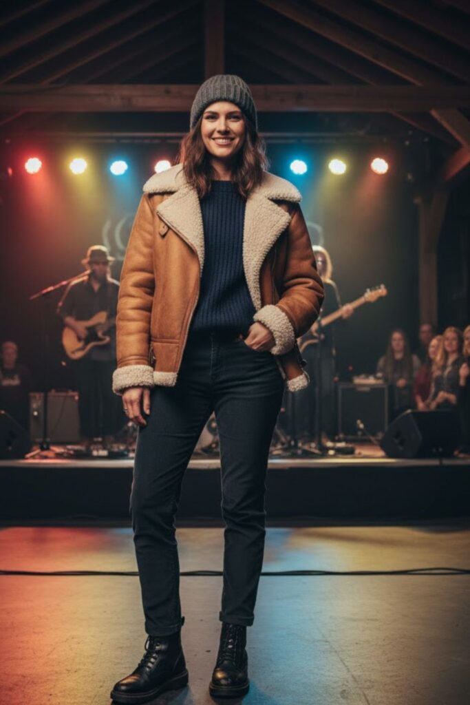 Shearling Jacket and Knit Beanie