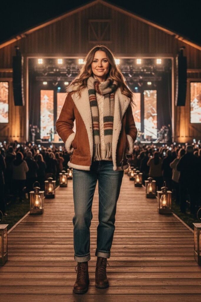 Shearling Jacket with Knit Scarf and Denim
