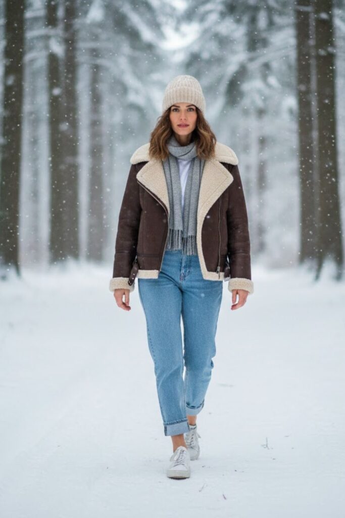 Shearling Jacket with Straight-Leg Jeans and Sneakers