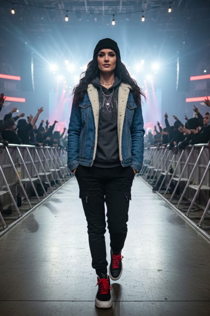 Shearling-lined denim jacket + thermal hoodie + joggers + chunky sneakers