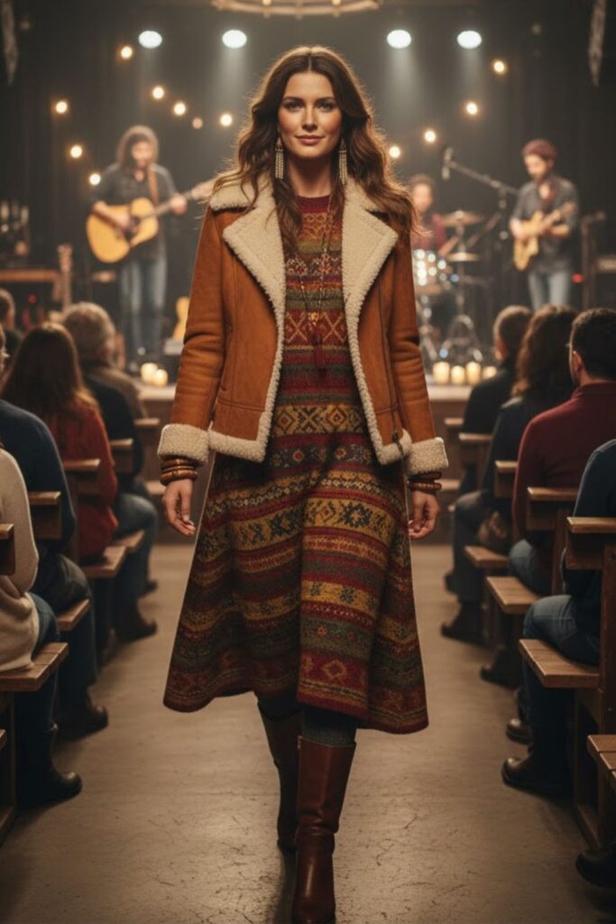 Sherpa-Trim Jacket + Knit Midi Dress + Thermal Tights + Knee Boots
