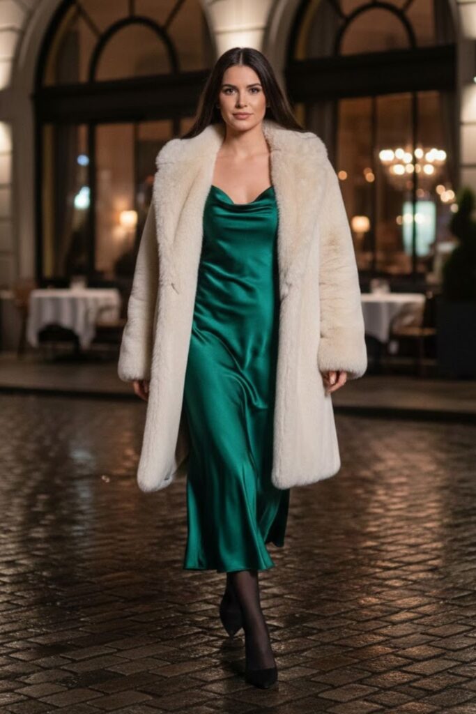 Slip Dress with Faux Fur Coat