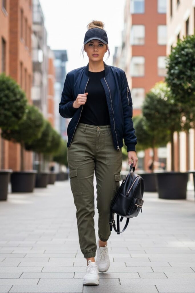 Sneakers with Cargo Pants and Bomber Jacket